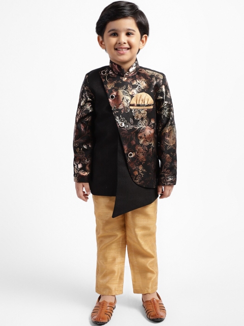 

ahhaaaa Baby Boys Black & Gold-Coloured Sherwani Set