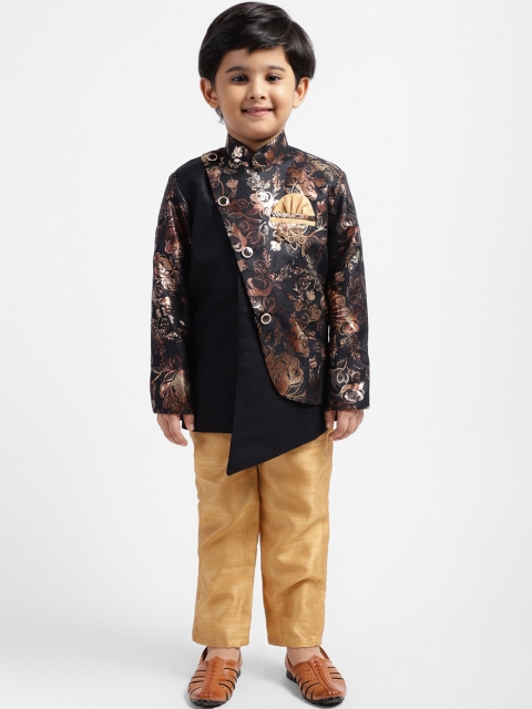 

ahhaaaa Baby Boys Navy Blue & Gold-Coloured Sherwani Set