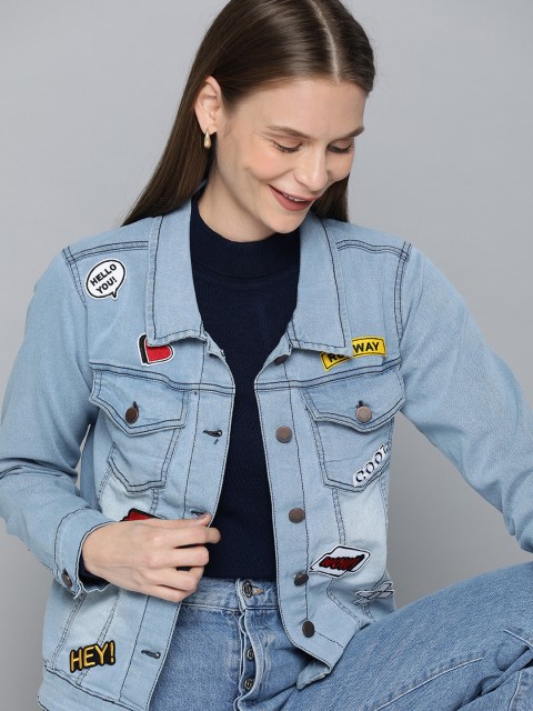 

HERE&NOW Women Blue Washed Denim Jacket with Applique Detail