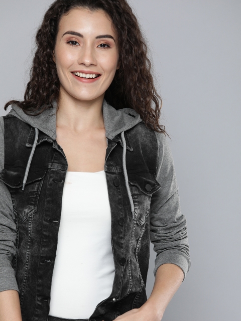 

HERE&NOW Women Black Solid Denim Jacket