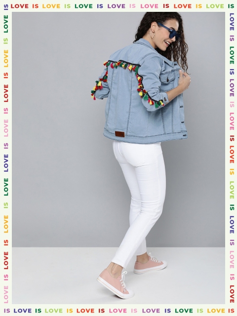 

HERE&NOW Women Blue Solid Tasseled Denim Jacket