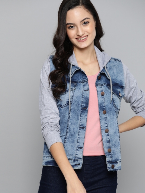 

HERE&NOW Women Blue & Grey Washed Denim Jacket