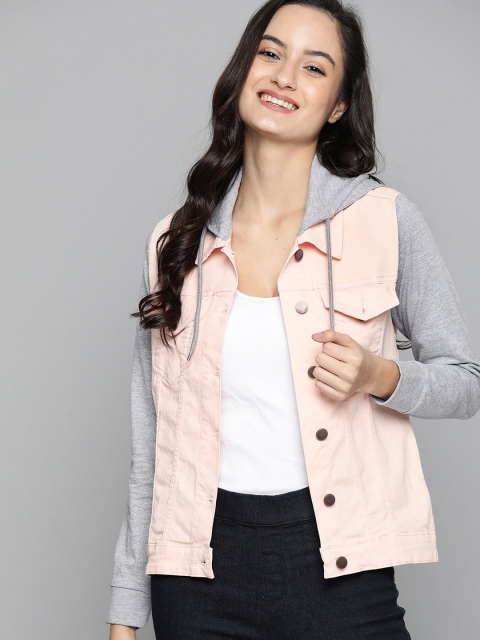 

HERE&NOW Women Peach-Coloured & Grey Solid Denim Jacket