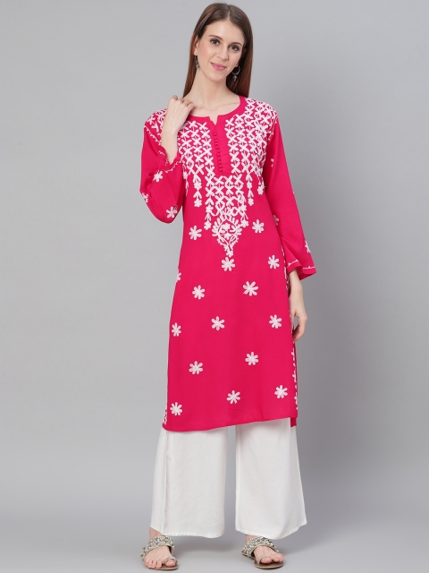 

Saadgi Women Magenta & White Aari Embroidered Handloom Straight Kurta
