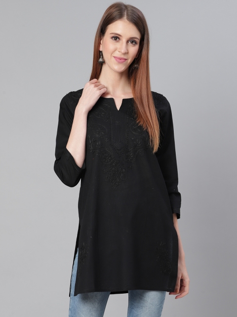 

Saadgi Women Black Handloom Chikankari Embroidered Yoke Design Straight Kurta