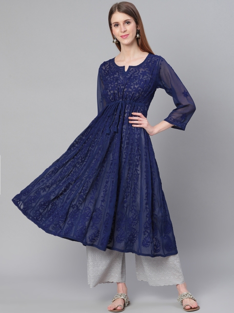 

Saadgi Women Navy Blue Chikankari Embroidered Handloom Anarkali Kurta & Dupatta