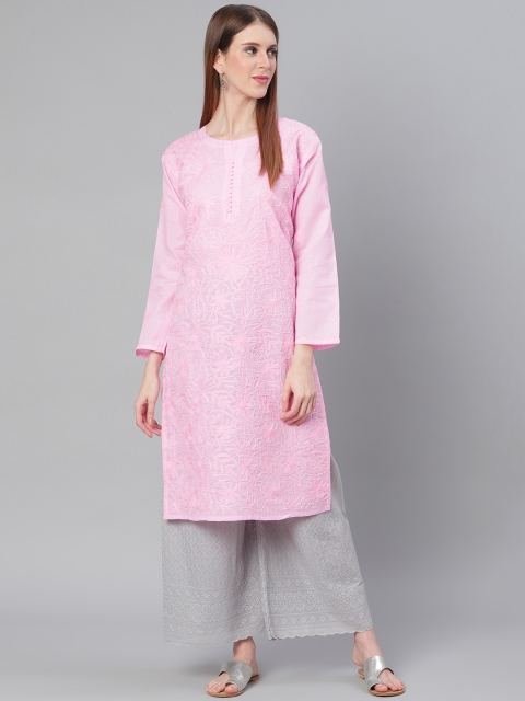 

Saadgi Women Pink Aari Embroidered Handloom Straight Kurta