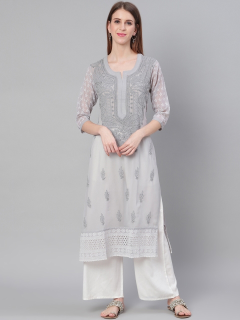 

Saadgi Women Grey Chikankari Embroidered Straight Kurta