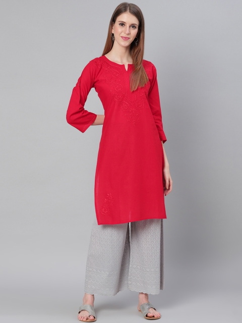 

Saadgi Women Red Chikankari Hand Embroidered Handloom Yoke Design Straight Kurta