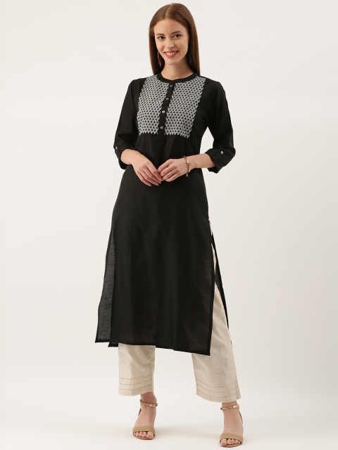 

Varanga Women Black & Silver-Toned Embroidered Straight Kurta