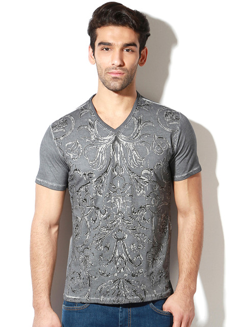 

V Dot by Van Heusen Men Grey Printed v-Neck T-Shirt