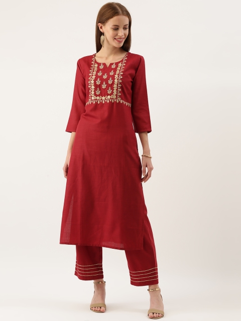 

Varanga Women Maroon & Off-White Embroidered Yoke Design Kurta with Trousers