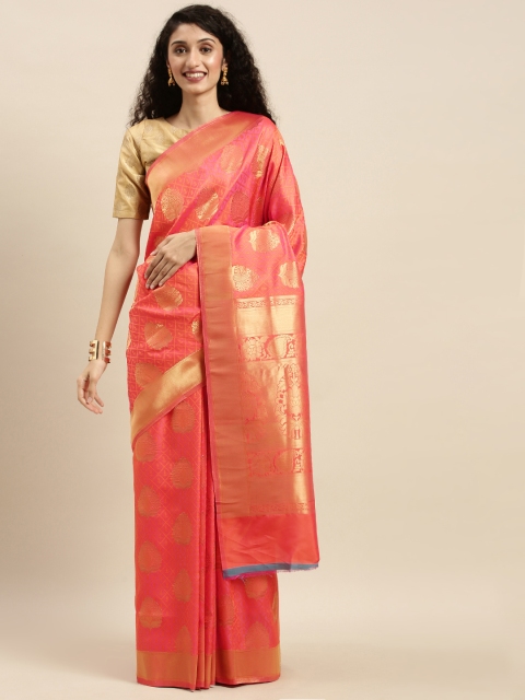 

Mitera Coral Orange & Gold-Toned Silk Blend Woven Design Kanjeevaram Saree