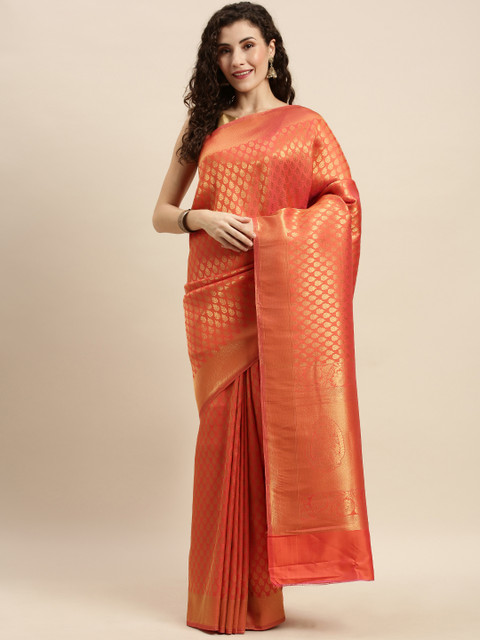 

Mitera Orange & Gold-Toned Silk Blend Woven Design Kanjeevaram Saree