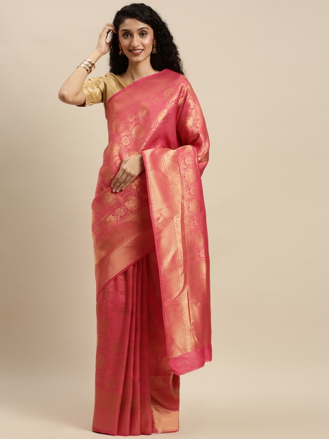 

Mitera Pink & Gold-Toned Silk Blend Woven Design Kanjeevaram Saree