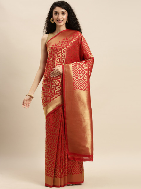 

Mitera Red & Gold-Toned Silk Blend Woven Design Kanjeevaram Saree