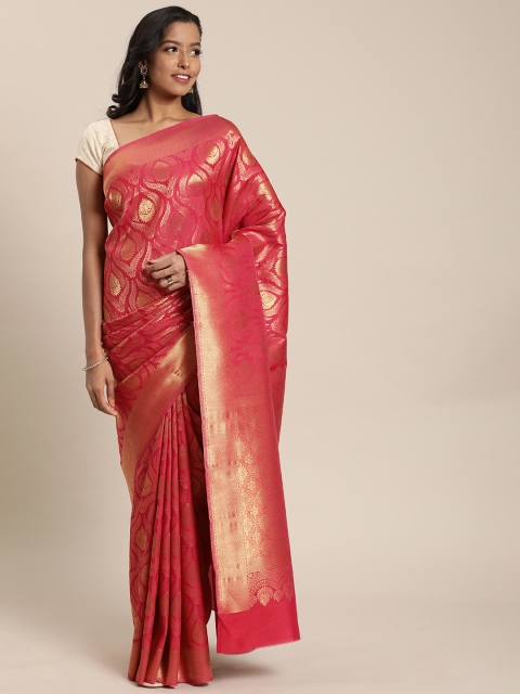 

Mitera Pink & Gold-Toned Silk Blend Woven Design Kanjeevaram Saree