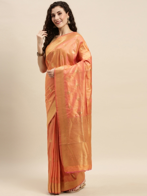 

Mitera Peach-Coloured & Gold-Toned Silk Blend Woven Design Kanjeevaram Saree