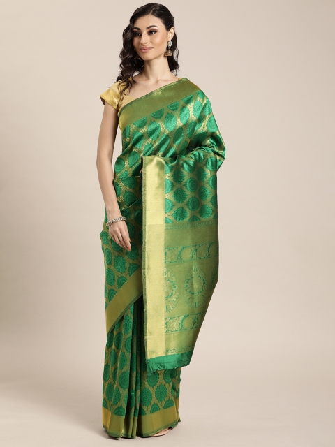 

Mitera Green & Gold-Toned Silk Blend Woven Design Kanjeevaram Saree