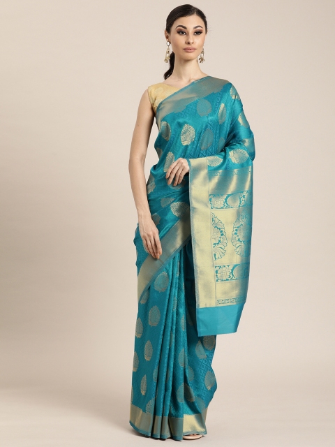 

Mitera Turquoise Blue & Gold-Toned Silk Blend Woven Design Kanjeevaram Saree