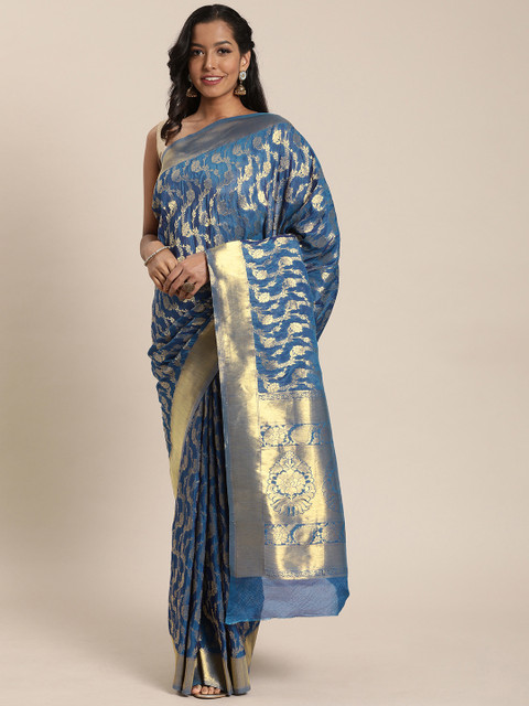 

Mitera Teal Blue & Gold-Toned Silk Blend Woven Design Kanjeevaram Saree