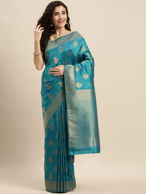 

Mitera Teal Silk Blend Woven Design Kanjeevaram Saree