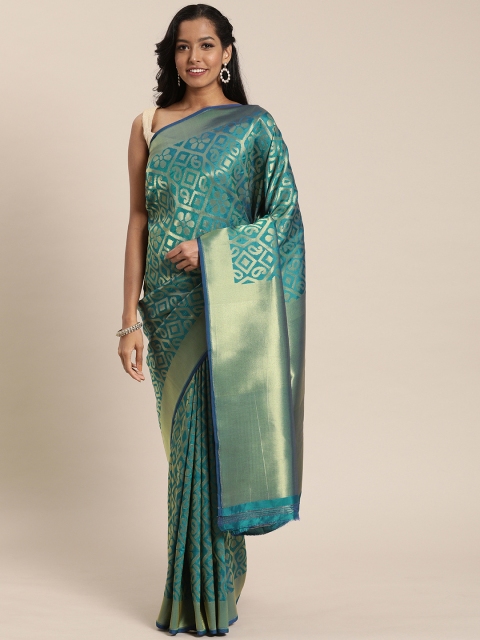 

Mitera Teal Blue & Gold-Toned Silk Blend Woven Design Kanjeevaram Saree