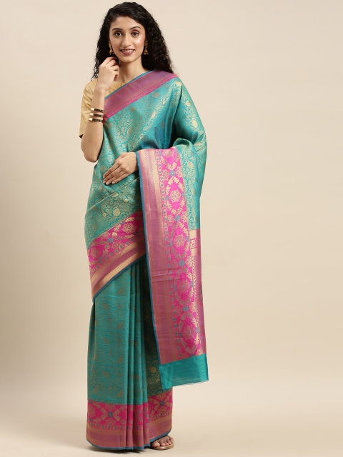 

Mitera Turquoise Blue & Gold-Toned Silk Blend Woven Design Kanjeevaram Saree