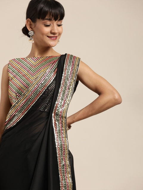 

Inddus Black & Gold-Toned Silk Blend Embroidered Banarasi Saree