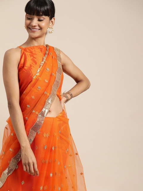 

Inddus Orange Embellished Sequinned Net Saree