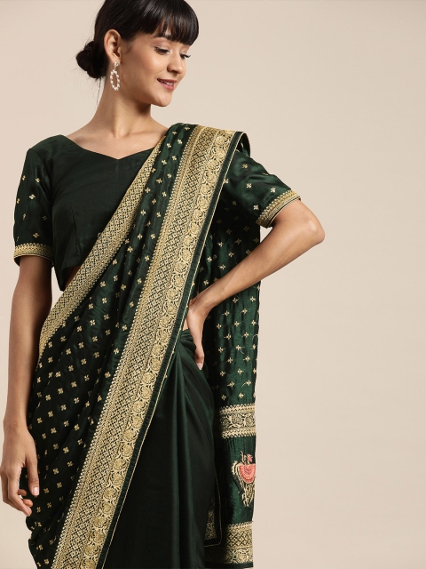 

Inddus Green & Beige Silk Blend Embroidered Banarasi Saree