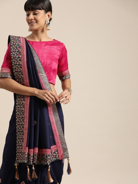 

Inddus Navy Blue & Pink Silk Blend Embroidered Saree