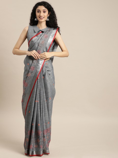 

Inddus Grey Embroidered Linen Blend Saree