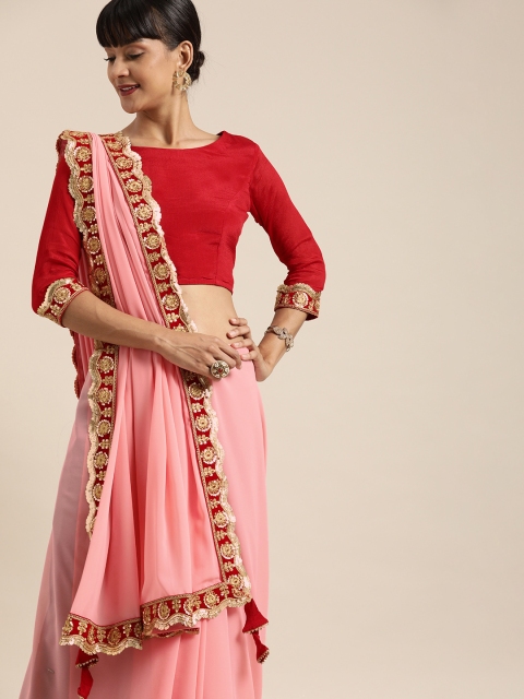 

Inddus Pink & Maroon Poly Georgette Solid Banarasi Saree