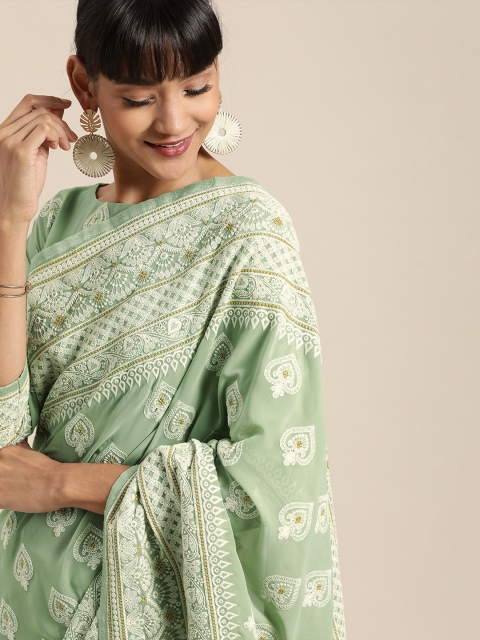 

Inddus Green & White Poly Georgette Lukhnowi Embroidered Saree