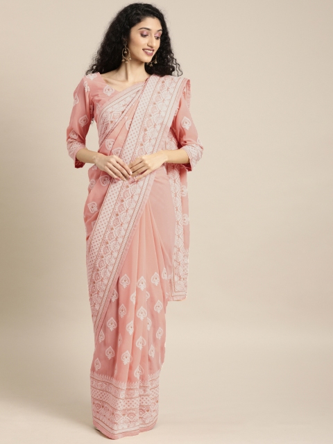 

Inddus Pink & White Poly Georgette Embroidered Lucknowi Saree