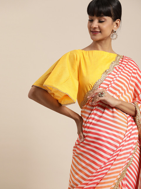 

Inddus Orange & White Polyester Striped Saree