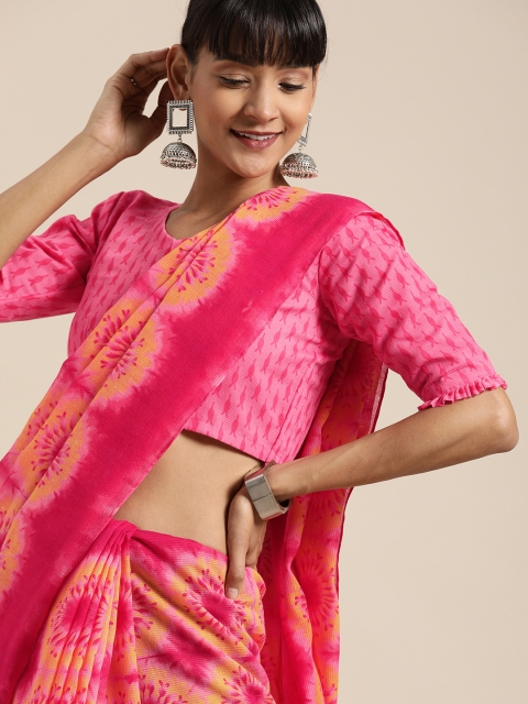 

Inddus Pink & Mustard Yellow Cotton Blend Dyed Saree