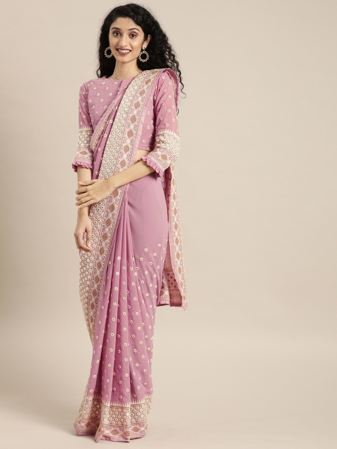 

Inddus Pink & White Poly Georgette Embroidered Saree