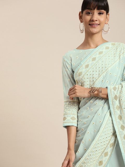 

Inddus Blue Poly Georgette Lucknowi Embroidered Saree