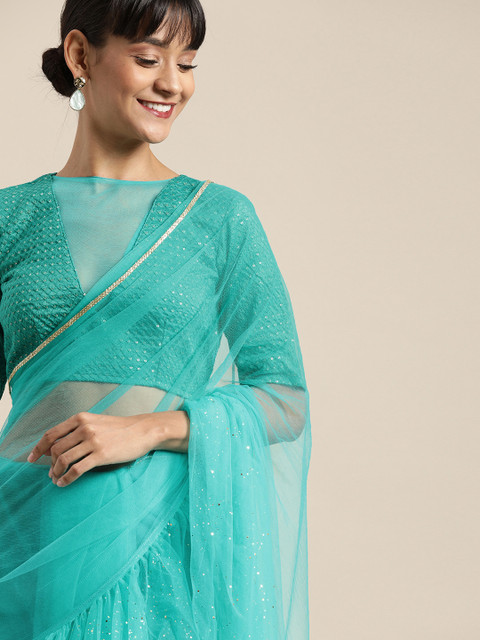 

Inddus Teal Solid Net Ruffled Saree