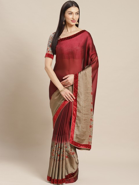 

Mitera Maroon & Beige Chiffon Floral Printed Saree