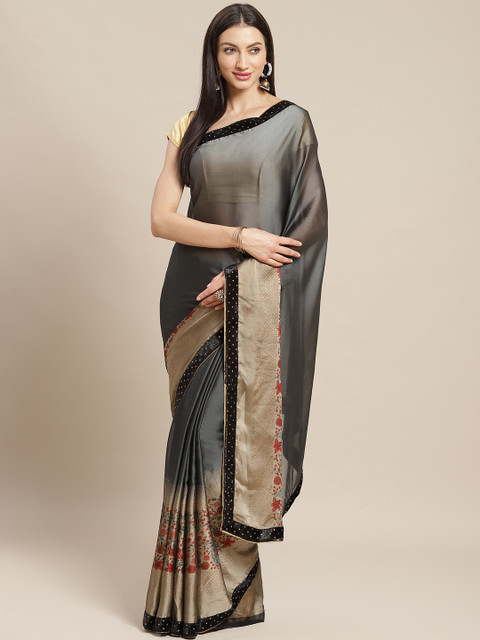 

Mitera Charcoal Grey & Beige Chiffon Floral Printed Saree