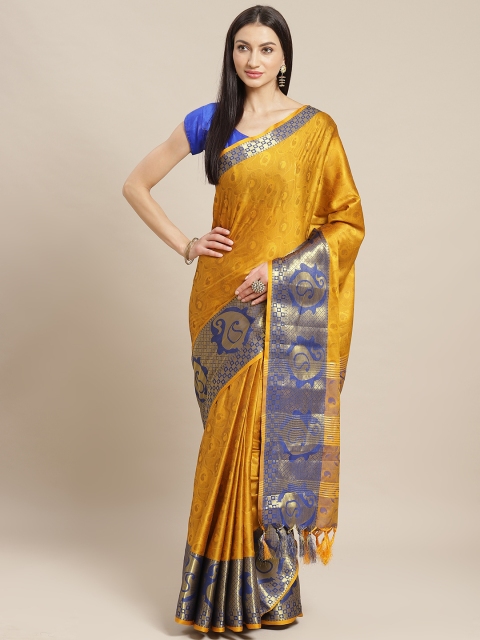 

Mitera Mustard Yellow & Navy Blue Paisley Woven Design Banarasi Saree