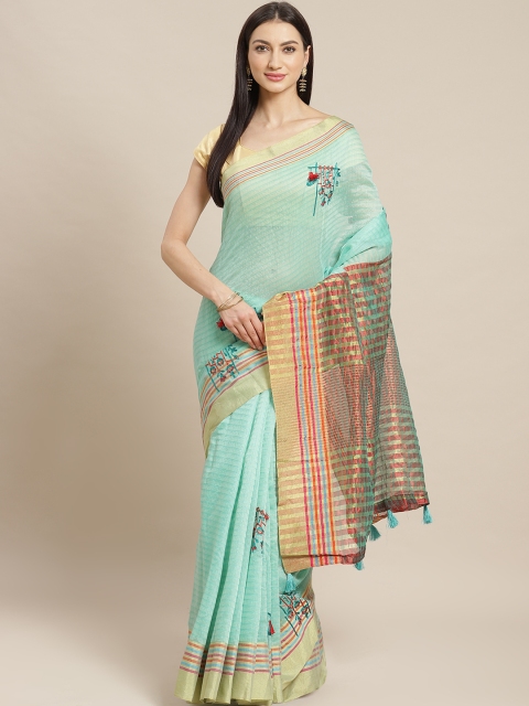 

Mitera Sea Green & Golden Striped Banarasi Saree