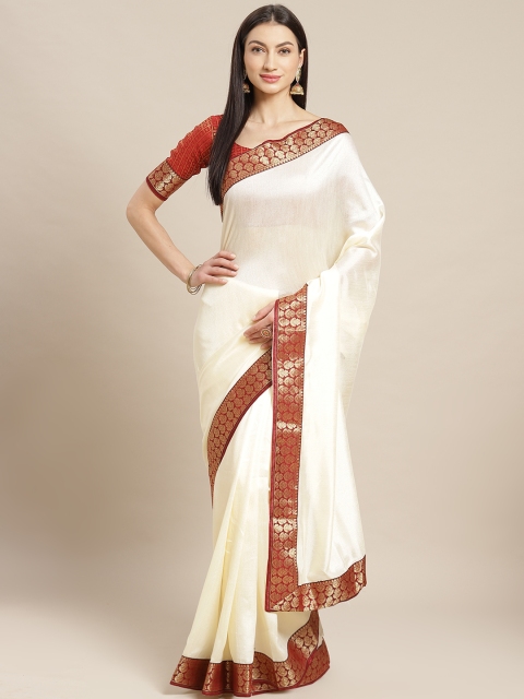 

Mitera Off-White Zari Detail Solid Banarasi Saree