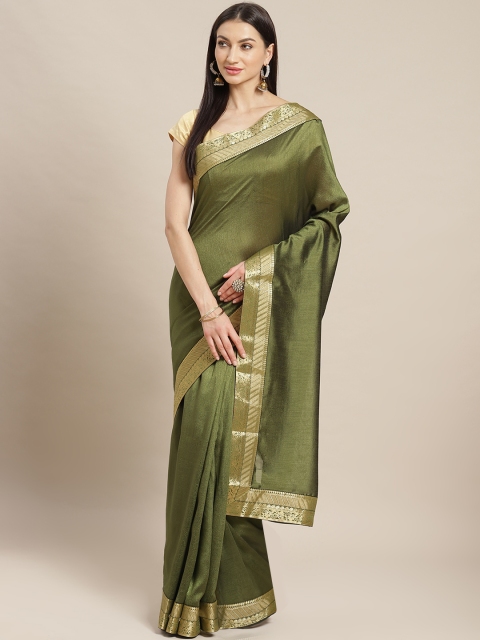 

Mitera Olive Green Zari Detail Solid Banarasi Saree