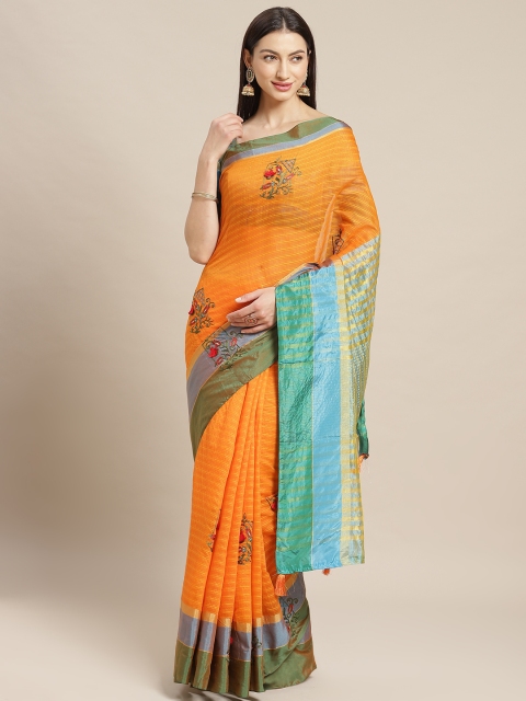 

Mitera Orange & Blue Striped Banarasi Saree