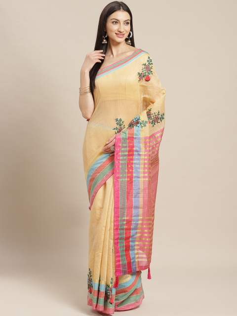 

Mitera Cream-Coloured & Pink Striped Banarasi Saree