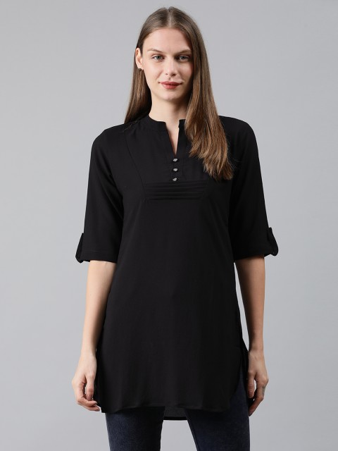 

Mimosa Women Black Solid Straight Roll-Up Sleeve Kurti with Front Tucks